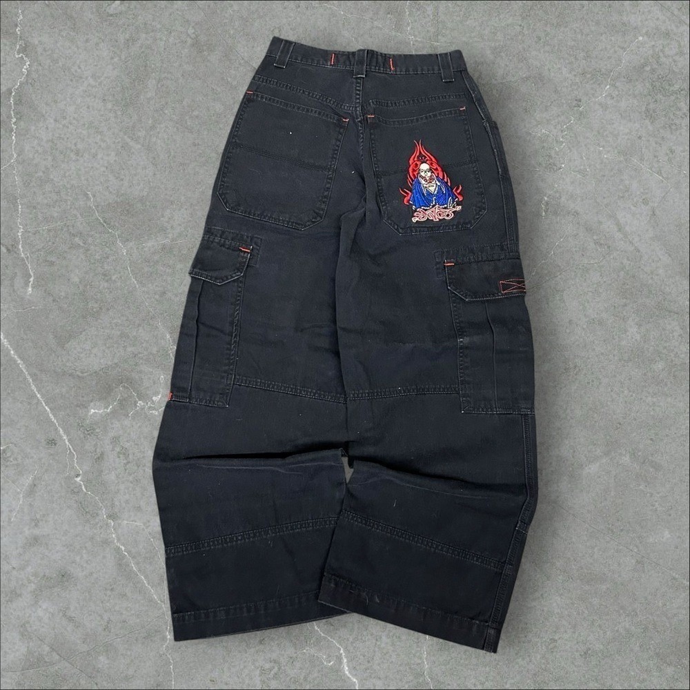 Jnco Jeans Mens 28x30 Black Flaming Buddha Cargo Baggy Wide-Leg Skater Hip Hop